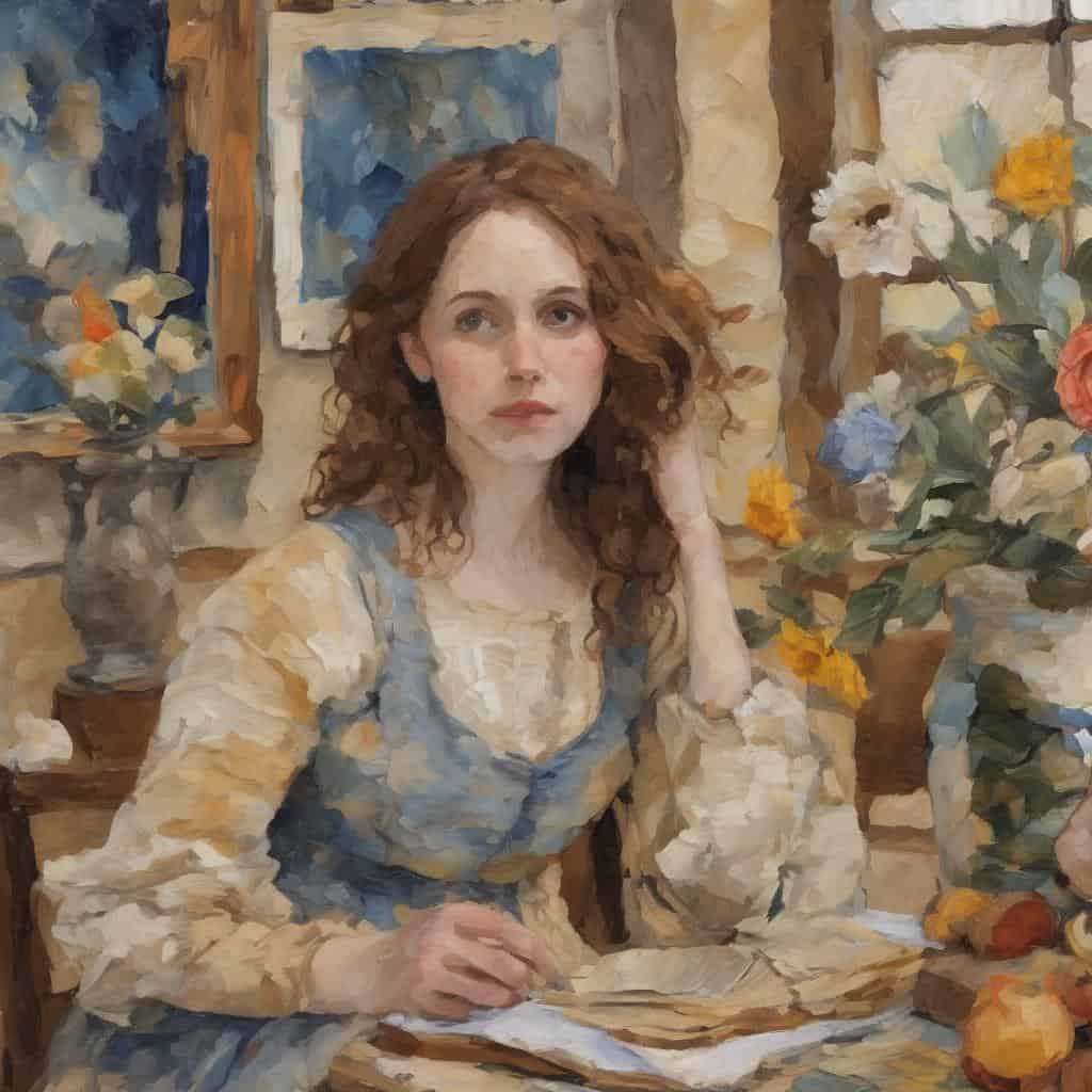 Χαρακτηριστική εικόνα νεαρής γυναίκας ζωγραφικής, με φλύαρο ροδομάγουλο πρόσωπο και κόκκινα μαλλιά, στο στούντιο ζωγραφικής, με λουλούδια και πίνακες σε φόντο, εκφράζοντας τέχνη και έκφραση στη ζωγραφική.