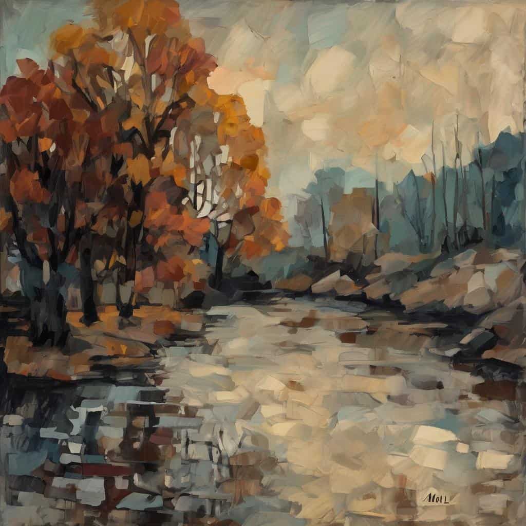 Φθινοπωρινά δέντρα και ποτάμι σε εκφραστική ζωγραφική, τέχνη και έκφραση στη ζωγραφική, τοπίο με ζεστές αποχρώσεις, μοντέρνα τέχνη, ζωγραφική με έντονα χρώματα, ατμοσφαιρικό έργο τέχνης, τοπία και φύση στη ζωγραφική, καλλιτεχνική έκφραση, σύγχρονη ζωγραφική, τέχνη και δημιουργικότητα.