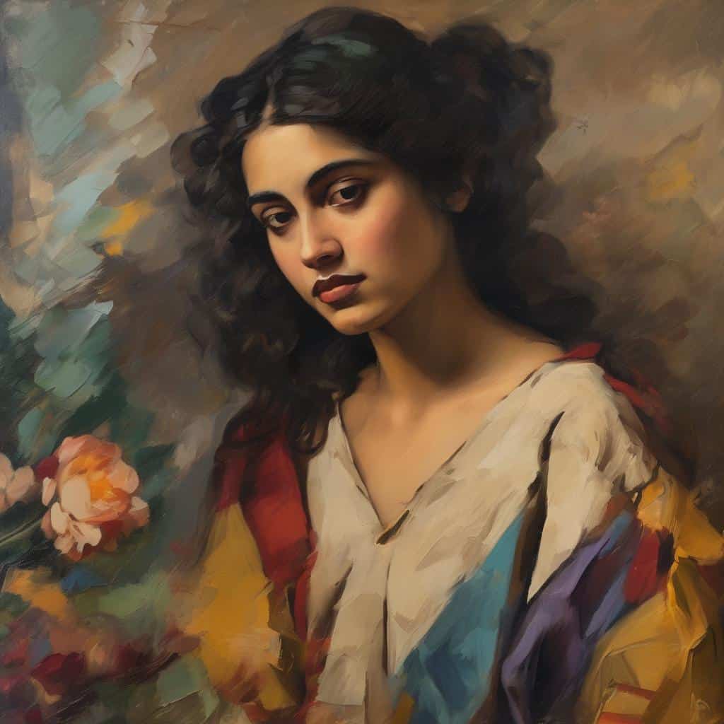Ομορφη νεαρή γυναίκα σε παραδοσιακή στολή, ζωγραφισμένη με εκφραστική τέχνη, έμφαση στην χρωματική έκφραση και εικαστική δημιουργία, δείχνει την τέχνη και την έκφραση στη ζωγραφική.
