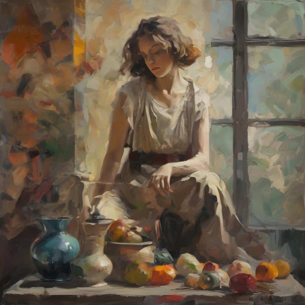 νεαρή γυναίκα σε εσωτερικό με ζωγραφική απεικόνιση, καλλιτεχνική έκφραση, φυσικό φως, σκηνή ζωγραφικής, σύγχρονη τέχνη, ελεύθερη έκφραση, πίνακες και χρώματα, ήσυχη ατμόσφαιρα, εικαστική δημιουργία, καλλιτεχνική δημιουργία, ελεύθερη ζωγραφική, σύγχρονου στυλ, ευαισθησία στην τέχνη, εκφραστικότητα, ποικιλία χρωμάτων, ζωγραφική με πηλό και χρώματα, εκπληκτική τέχνη, ελκυστική σύνθεση, δημιουργική αναπαράσταση, τέχνη και έκφραση, μοντέρνα ζωγραφική.