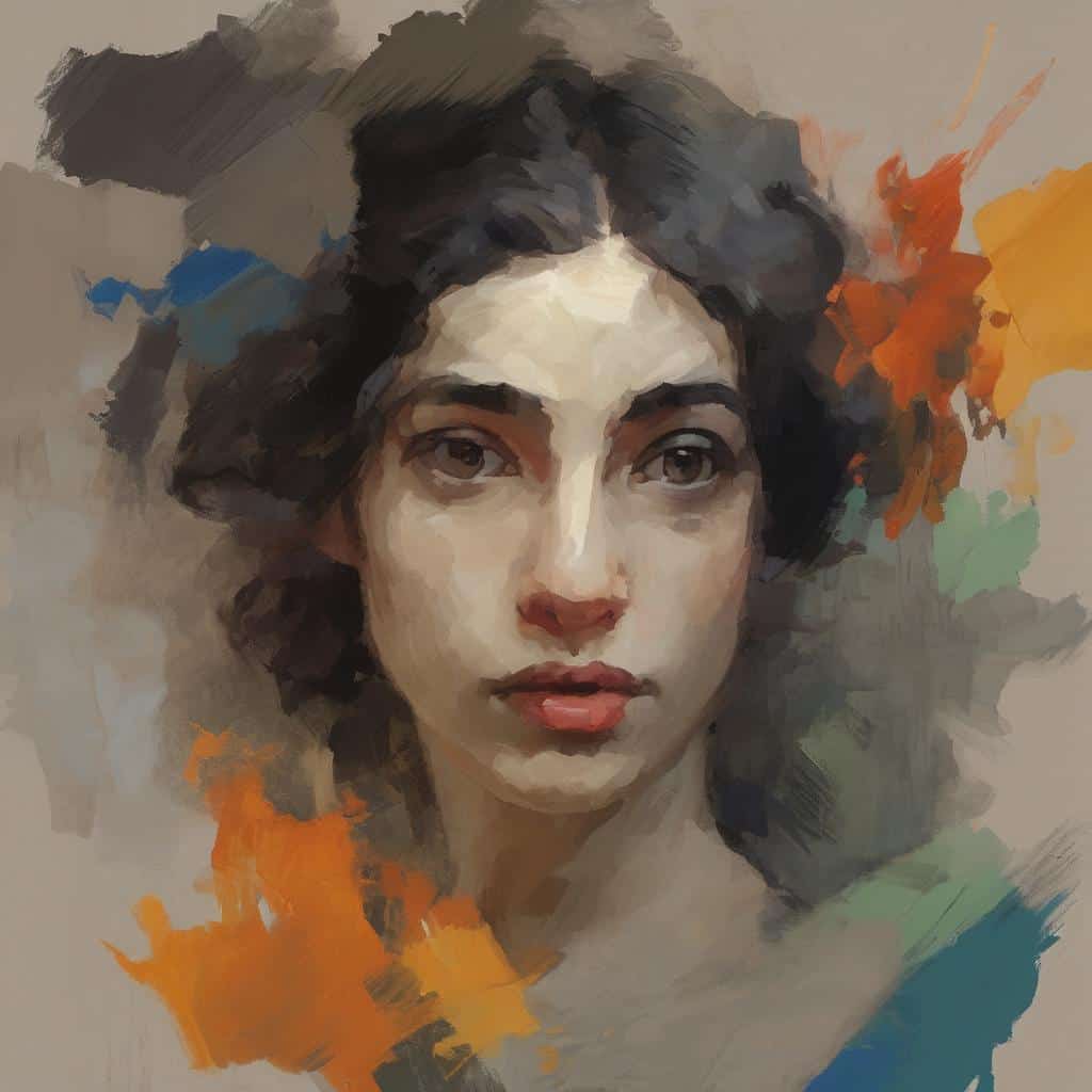 Ανέπαφη πορτρέτο γυναίκας με εκφραστικά μάτια σε ζωγραφικό στυλ, τέχνη και έκφραση στη ζωγραφική, με έντονες χρωματικές πινελιές και σύγχρονη τέχνη.