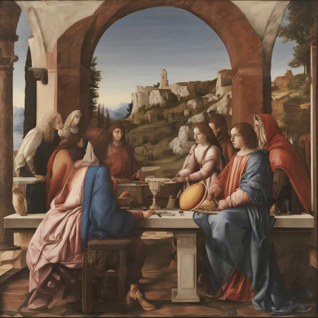 Θέμα και έκφραση στη ζωγραφική, Ιταλική Αναγέννηση, λευκές και χρωματιστές στολές, λεπτομερείς μορφές, φόντο με τοπίο, συμβολισμός, μεγάλη πίνακας ζωγραφικής, τέχνη και έκφραση.