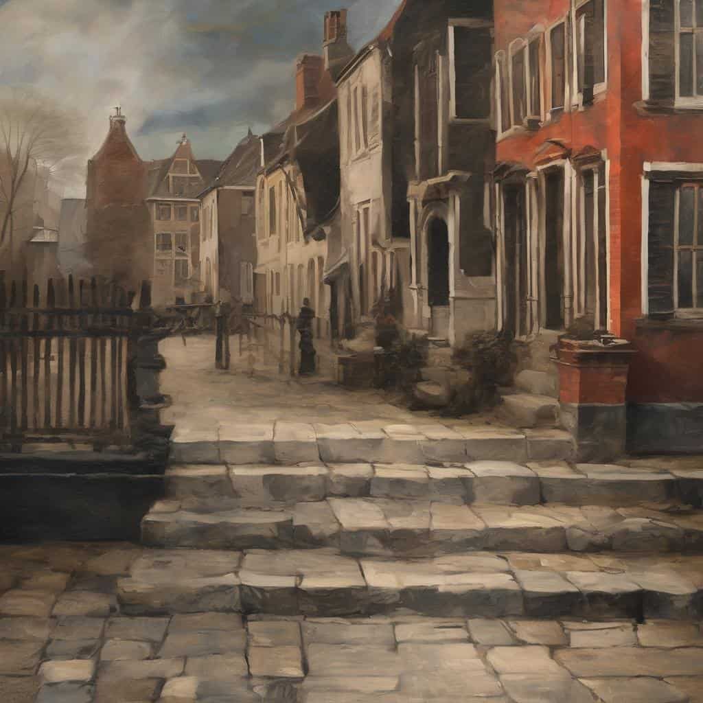 Παλιό σοκάκι με κατεστραμμένα σπίτια και σιδερένια κιγκλιδώματα, καλλιτεχνική ζωγραφιά με έμφαση στην έκφραση και την τέχνη στη ζωγραφική, αστικό τοπίο σε ρεαλιστικό στυλ.